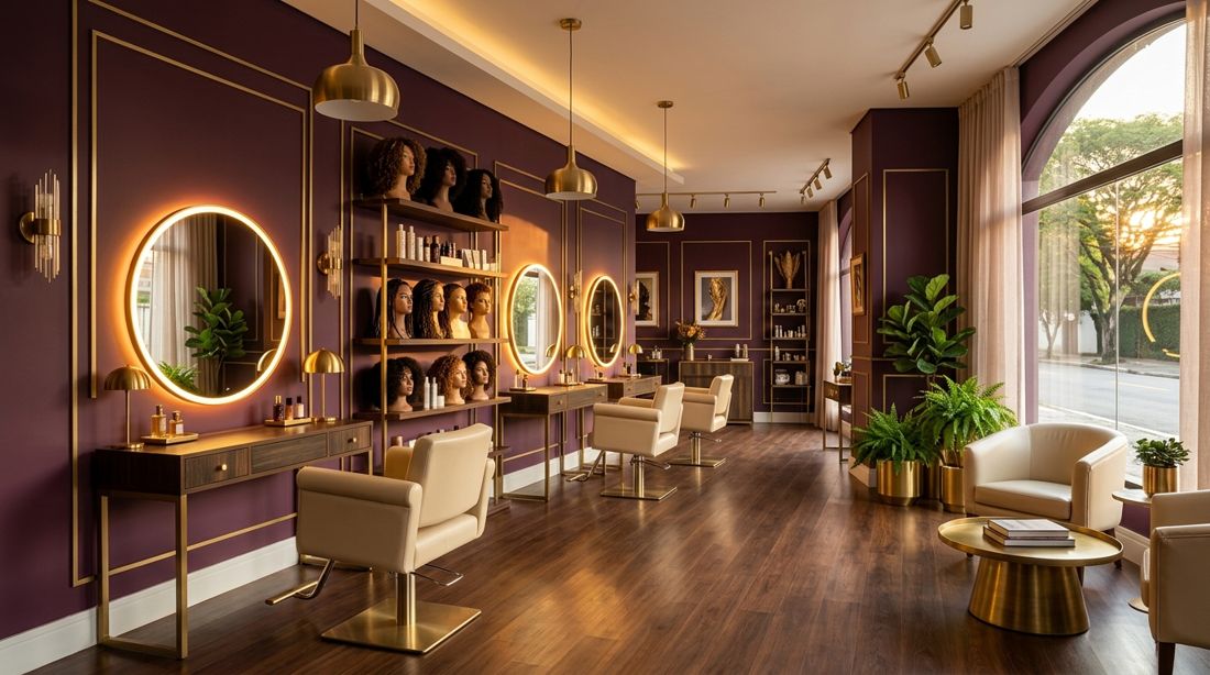 Interior do salão em tons de ameixa e dourado